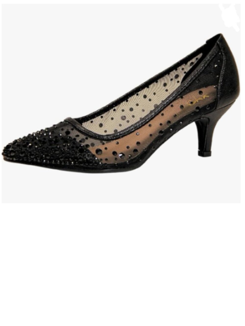 XYD Black Pointed Toe Slip On Mesh Pumps Rhinestone Comfy Kitten Heels Shoes